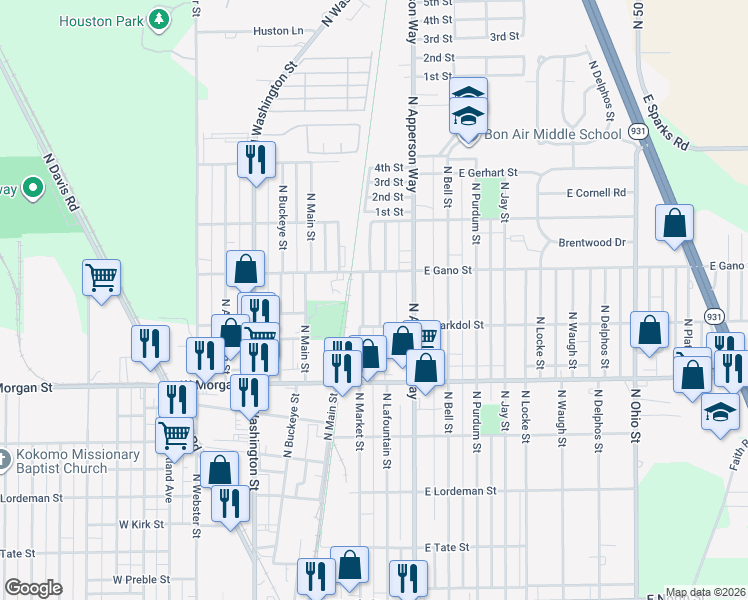 map of restaurants, bars, coffee shops, grocery stores, and more near 2203 North Lafountain Street in Kokomo