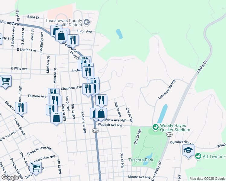 map of restaurants, bars, coffee shops, grocery stores, and more near 238 Ohio Avenue Northwest in New Philadelphia