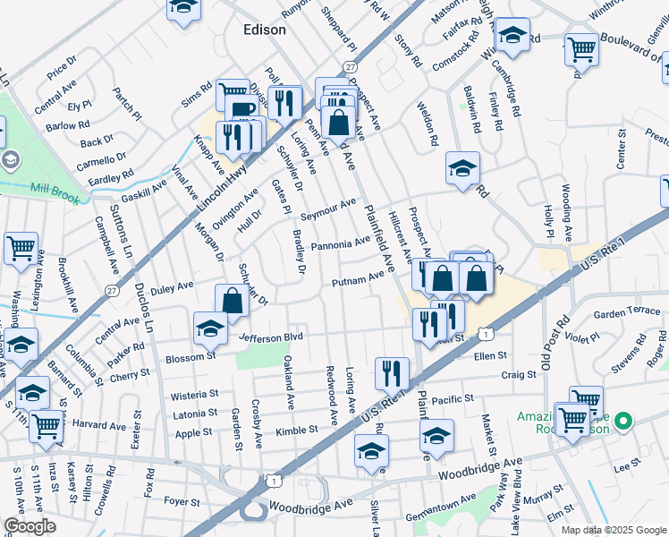 map of restaurants, bars, coffee shops, grocery stores, and more near 4 Putnam Avenue in Edison
