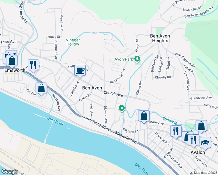 map of restaurants, bars, coffee shops, grocery stores, and more near 6931 Church Avenue in Pittsburgh