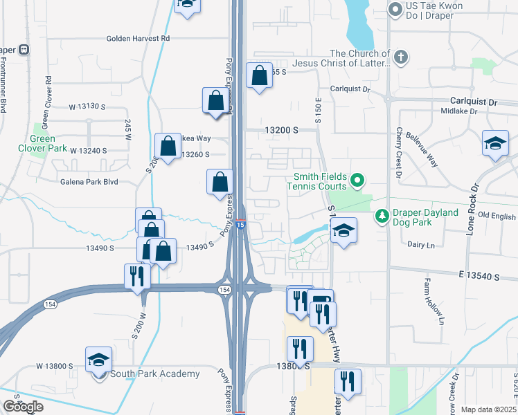 map of restaurants, bars, coffee shops, grocery stores, and more near Saddle Villa Drive in Draper