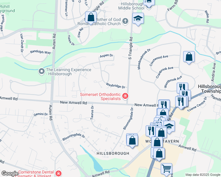 map of restaurants, bars, coffee shops, grocery stores, and more near 209 Amherst Court in Hillsborough Township