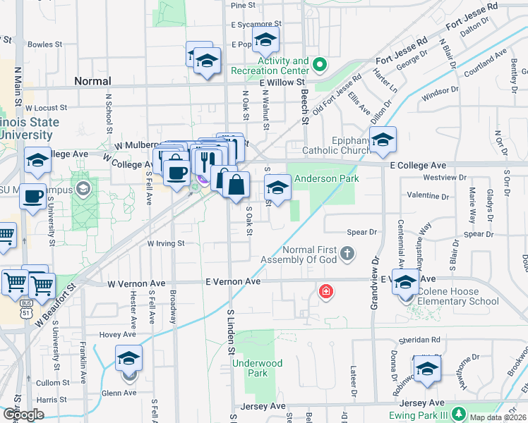 map of restaurants, bars, coffee shops, grocery stores, and more near 301 South Walnut Street in Normal