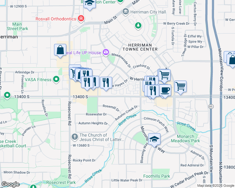 map of restaurants, bars, coffee shops, grocery stores, and more near 13397 Alto Vista Lane in Herriman
