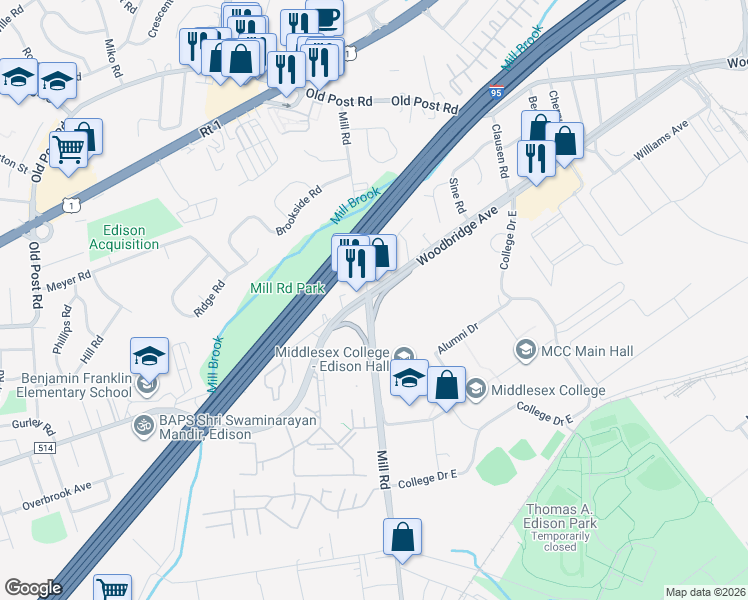 map of restaurants, bars, coffee shops, grocery stores, and more near 2600 Woodbridge Avenue in Edison