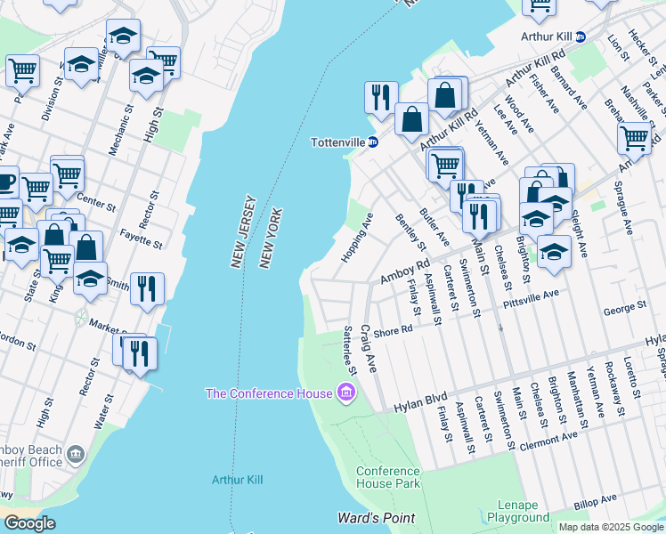 map of restaurants, bars, coffee shops, grocery stores, and more near 5 Wards Point Avenue in Staten Island