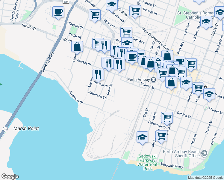 map of restaurants, bars, coffee shops, grocery stores, and more near 176 Grant Street in Perth Amboy