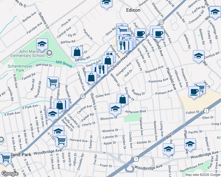 map of restaurants, bars, coffee shops, grocery stores, and more near 15 Belmont Avenue in Edison