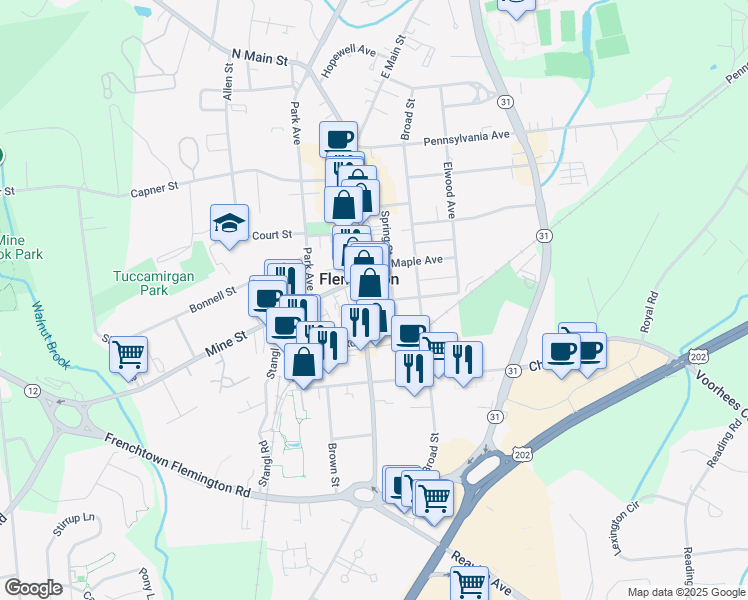 map of restaurants, bars, coffee shops, grocery stores, and more near 158 Main Street in Flemington