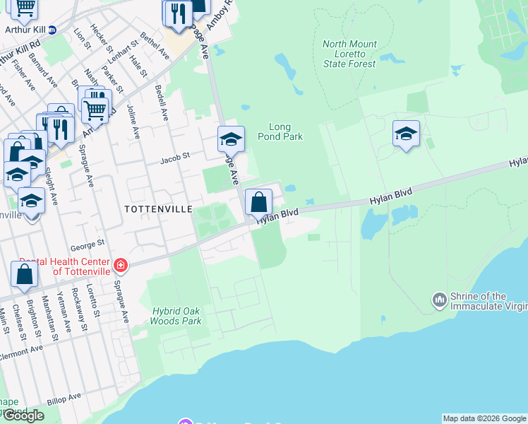 map of restaurants, bars, coffee shops, grocery stores, and more near 6778 Hylan Boulevard in Staten Island