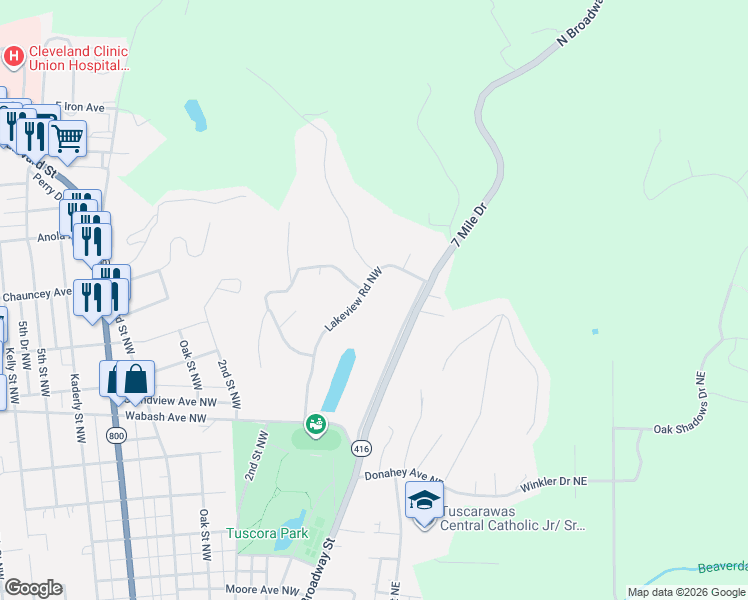 map of restaurants, bars, coffee shops, grocery stores, and more near 1242 Parklane Drive Northwest in New Philadelphia