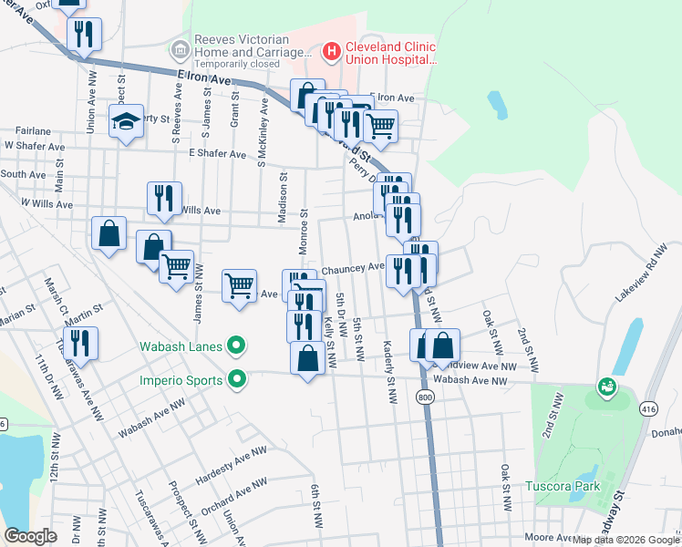 map of restaurants, bars, coffee shops, grocery stores, and more near 1328 5th Street Northwest in New Philadelphia