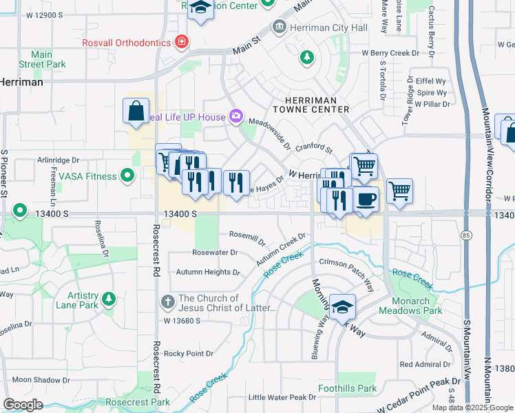 map of restaurants, bars, coffee shops, grocery stores, and more near 13396 Alto Vista Lane in Herriman