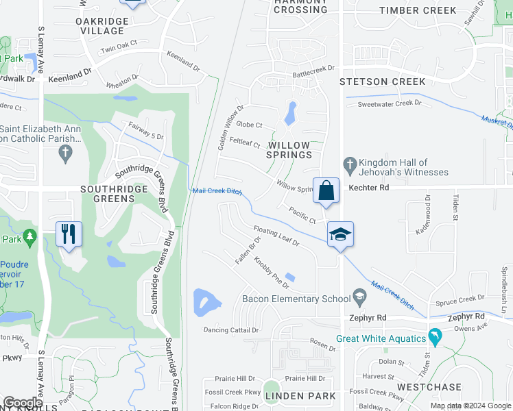 map of restaurants, bars, coffee shops, grocery stores, and more near 5638 Weeping Way in Fort Collins