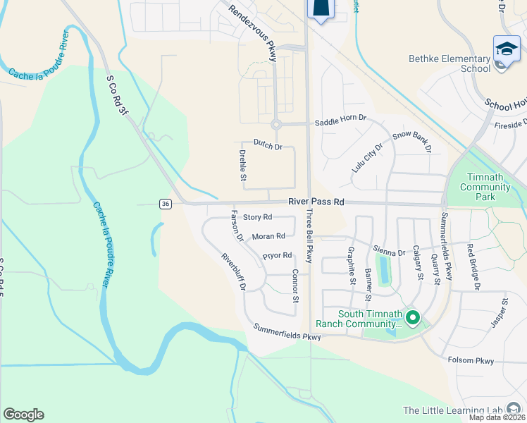map of restaurants, bars, coffee shops, grocery stores, and more near 6070 Moran Road in Timnath