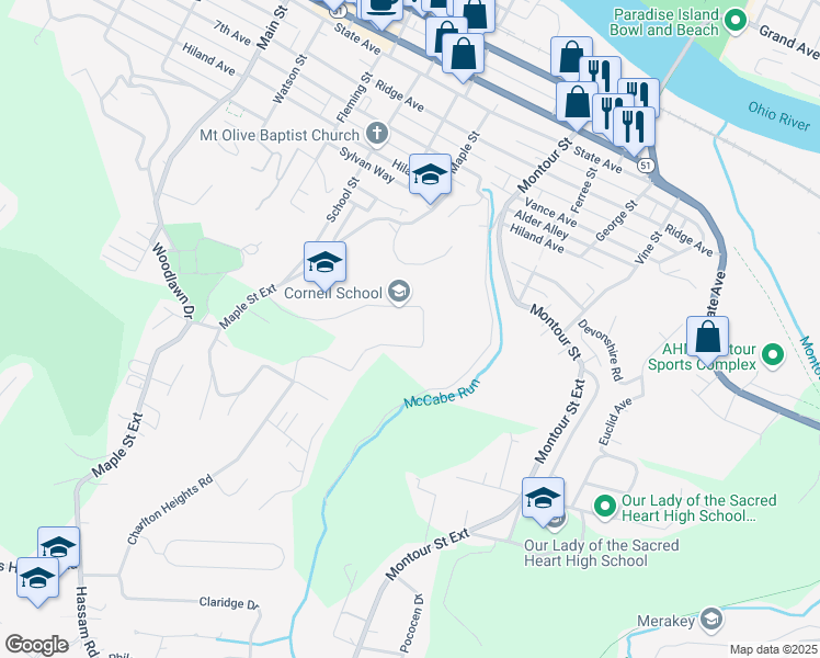 map of restaurants, bars, coffee shops, grocery stores, and more near 1099 Maple Street in Coraopolis