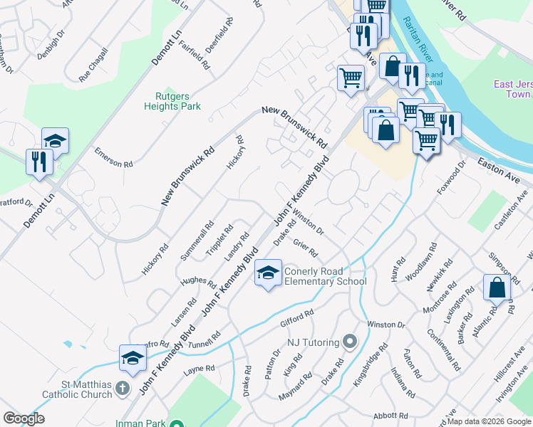 map of restaurants, bars, coffee shops, grocery stores, and more near 3 Webster Road in Franklin Township