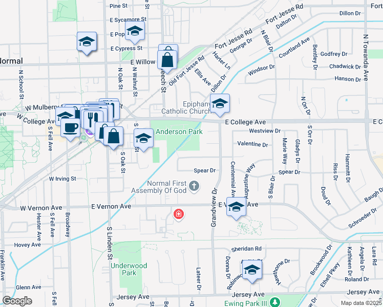 map of restaurants, bars, coffee shops, grocery stores, and more near 902 Hanlin Court in Normal