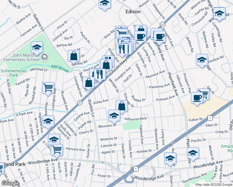 map of restaurants, bars, coffee shops, grocery stores, and more near 16 Morgan Drive in Edison