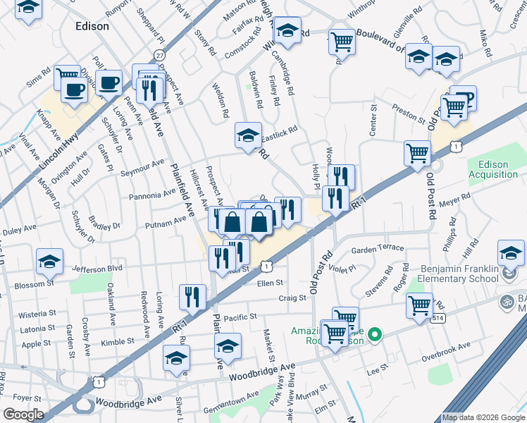 map of restaurants, bars, coffee shops, grocery stores, and more near 29 Dey Place in Edison