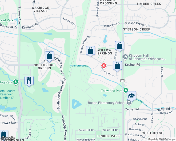 map of restaurants, bars, coffee shops, grocery stores, and more near 1633 Fantail Court in Fort Collins
