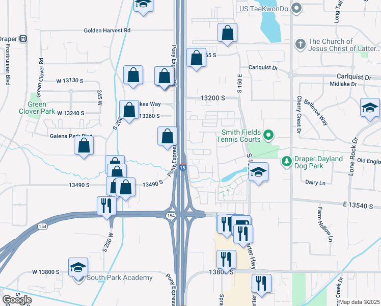 map of restaurants, bars, coffee shops, grocery stores, and more near 59 Bridle Villa Drive in Draper