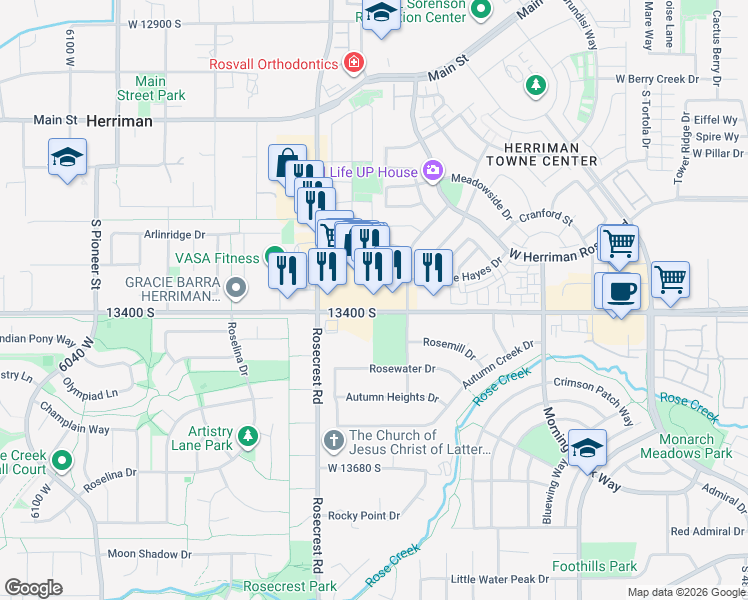 map of restaurants, bars, coffee shops, grocery stores, and more near 5502 West 13400 South in Herriman