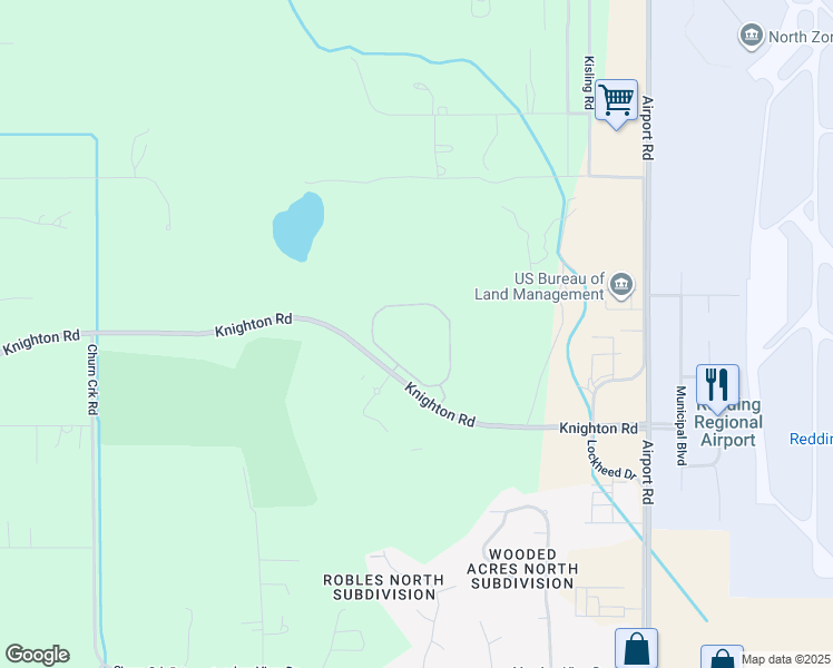 map of restaurants, bars, coffee shops, grocery stores, and more near 3400 Knighton Road in Redding