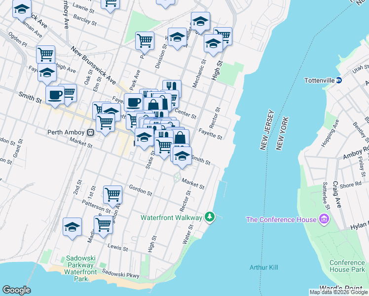 map of restaurants, bars, coffee shops, grocery stores, and more near 329 High Street in Perth Amboy