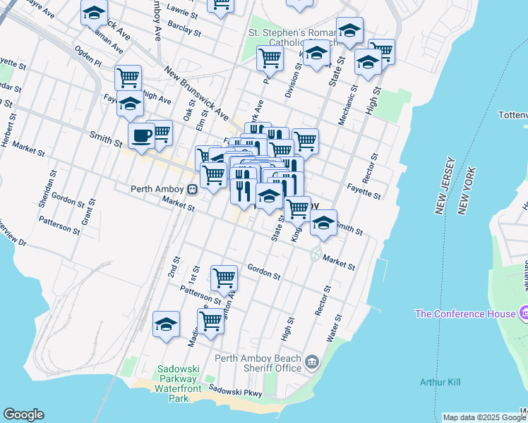 map of restaurants, bars, coffee shops, grocery stores, and more near 160 Smith Street in Perth Amboy