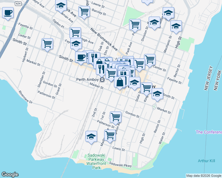map of restaurants, bars, coffee shops, grocery stores, and more near 271 Maple Street in Perth Amboy