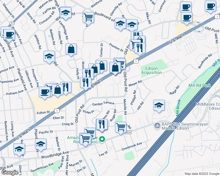 map of restaurants, bars, coffee shops, grocery stores, and more near 700 U.S. 1 in Edison