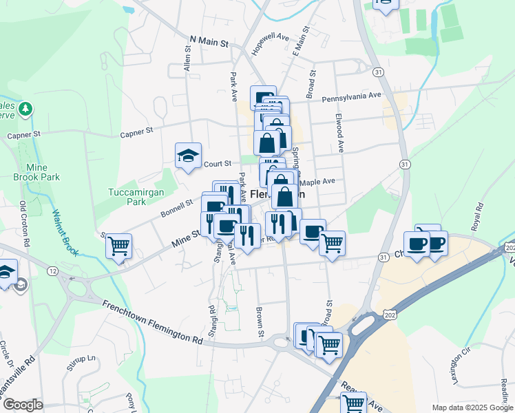 map of restaurants, bars, coffee shops, grocery stores, and more near 11 Park Avenue in Flemington