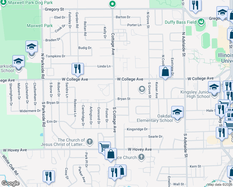 map of restaurants, bars, coffee shops, grocery stores, and more near 106 South Cottage Avenue in Normal