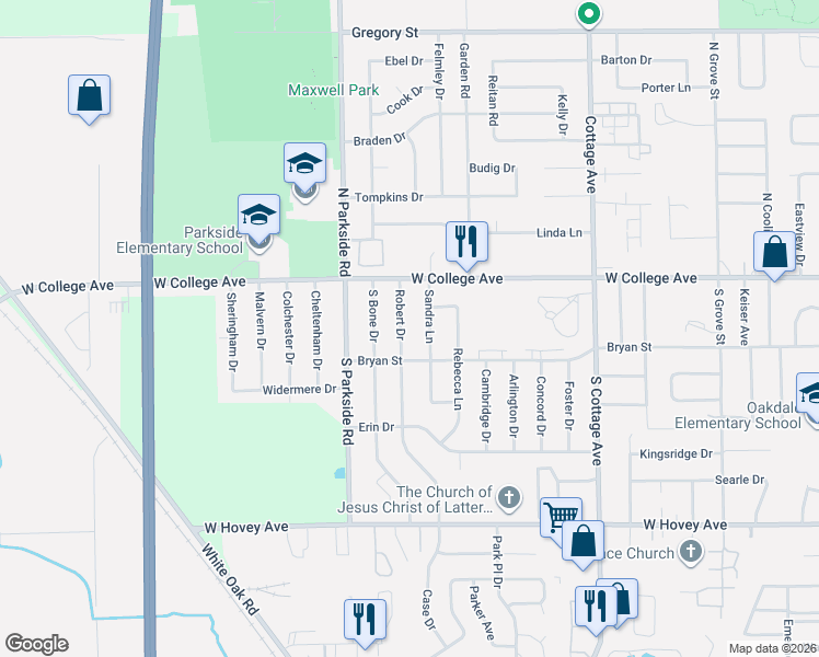 map of restaurants, bars, coffee shops, grocery stores, and more near 105 Robert Drive in Normal