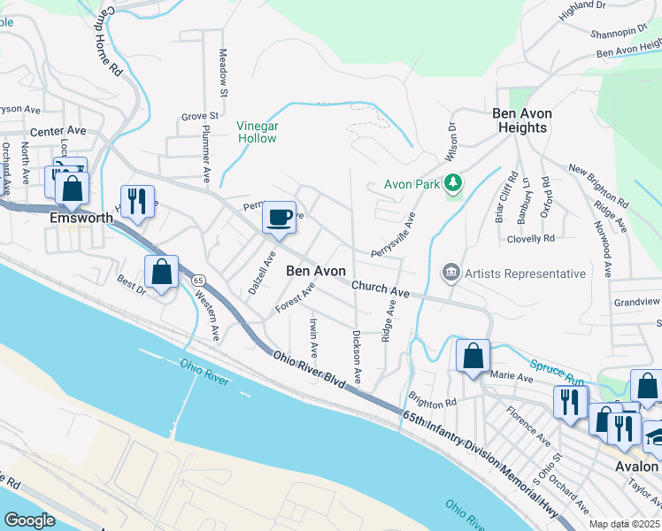 map of restaurants, bars, coffee shops, grocery stores, and more near 7098 Church Avenue in Pittsburgh