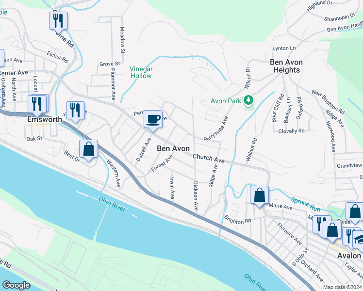 map of restaurants, bars, coffee shops, grocery stores, and more near 7098 Church Avenue in Pittsburgh
