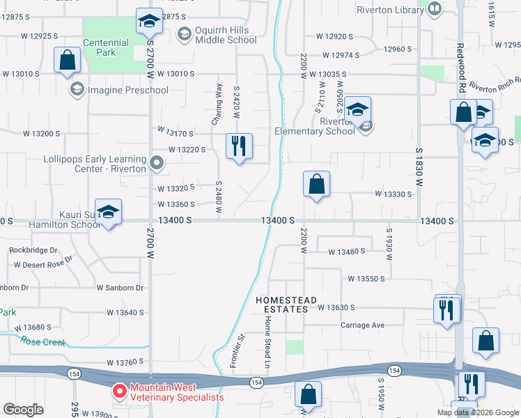 map of restaurants, bars, coffee shops, grocery stores, and more near 2328 13400 South in Riverton
