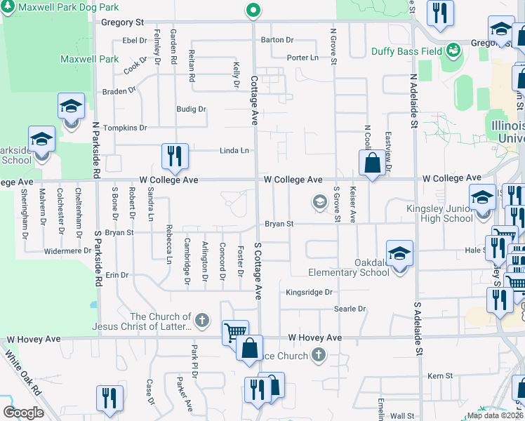 map of restaurants, bars, coffee shops, grocery stores, and more near 106 South Cottage Avenue in Normal