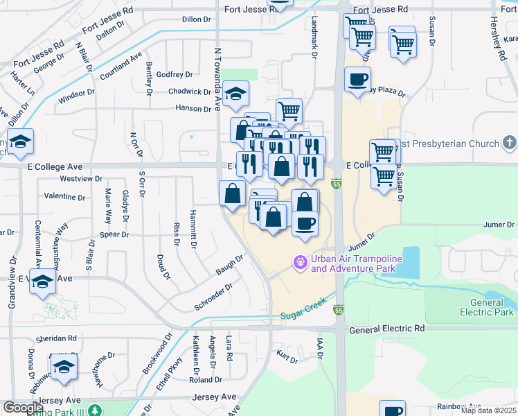 map of restaurants, bars, coffee shops, grocery stores, and more near 301 South Veterans Parkway in Normal