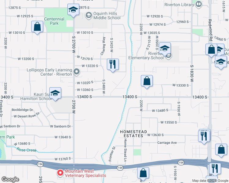 map of restaurants, bars, coffee shops, grocery stores, and more near 13369 South Trestle Lane in Riverton