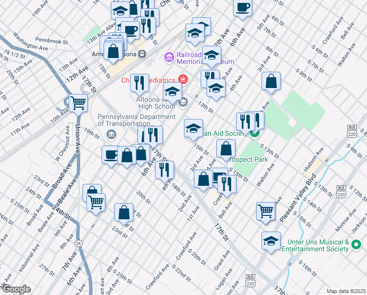 map of restaurants, bars, coffee shops, grocery stores, and more near 1500 4th Avenue in Altoona