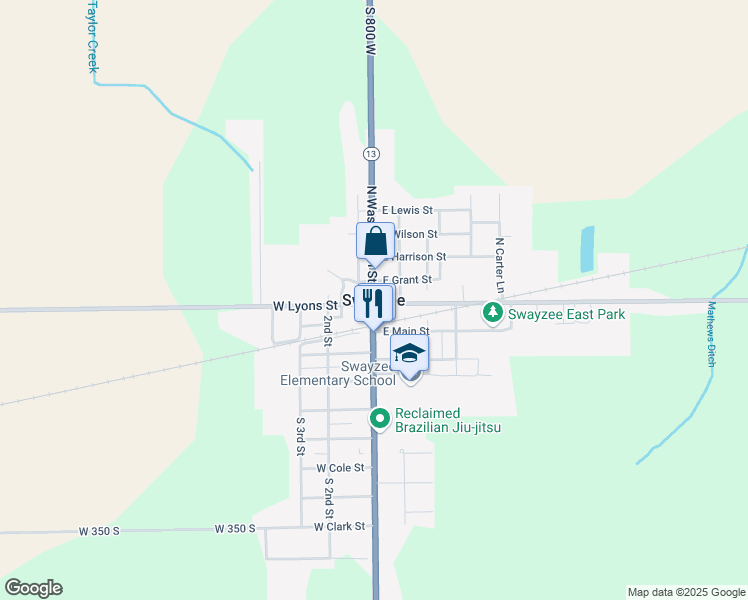 map of restaurants, bars, coffee shops, grocery stores, and more near in Swayzee
