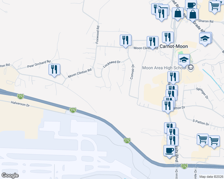 map of restaurants, bars, coffee shops, grocery stores, and more near 186 Lockheed Drive in Carnot-Moon