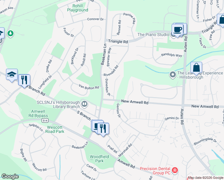 map of restaurants, bars, coffee shops, grocery stores, and more near 66 Dunedain Street in Somerset County