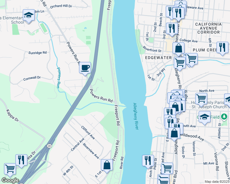 map of restaurants, bars, coffee shops, grocery stores, and more near 2 Twin Maple Road in Pittsburgh