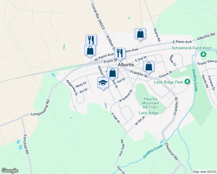 map of restaurants, bars, coffee shops, grocery stores, and more near 222 3rd Street in Alburtis
