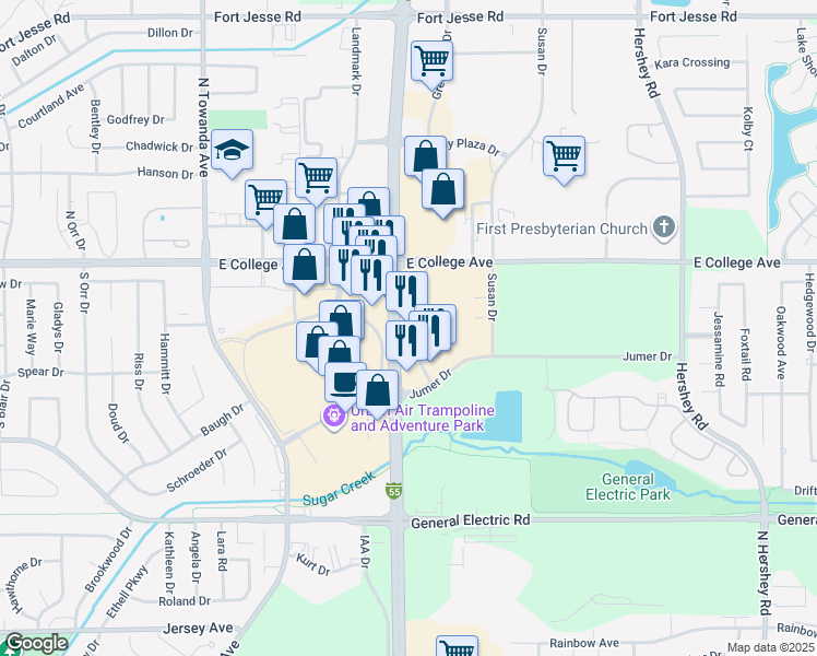 map of restaurants, bars, coffee shops, grocery stores, and more near 2107 N Veterans Pkwy in Bloomington