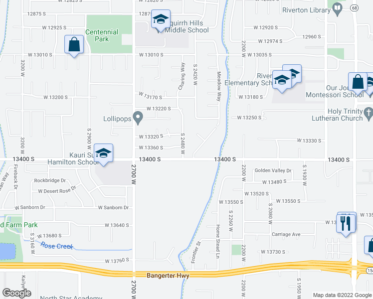 map of restaurants, bars, coffee shops, grocery stores, and more near 2423 Trestle Court in Riverton