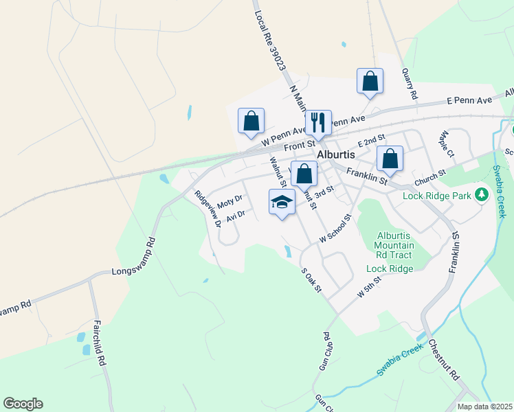 map of restaurants, bars, coffee shops, grocery stores, and more near 229 Flint Hill Road in Alburtis